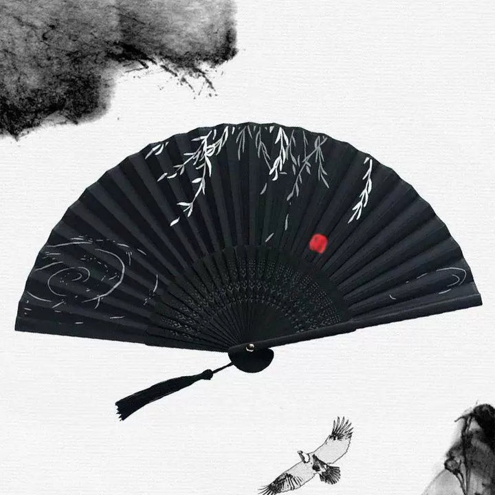 Women One Size Handcrafted Bamboo Rib Foldable Fan with Hand-Painted Calligraphic Willow Design and Decorative Tassel Stornfield
