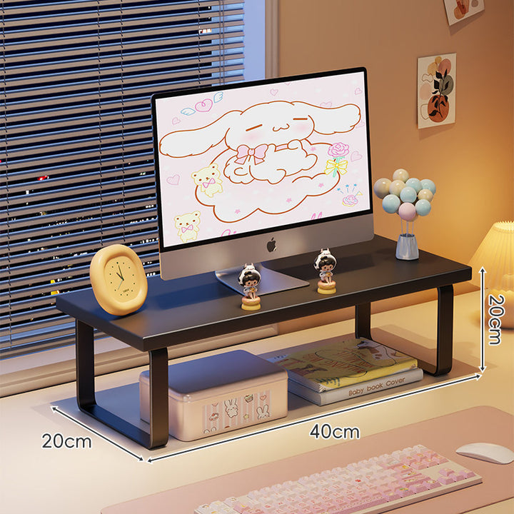 Low-Profile Wooden Monitor Riser with Metal Legs and Under-Shelf Storage
