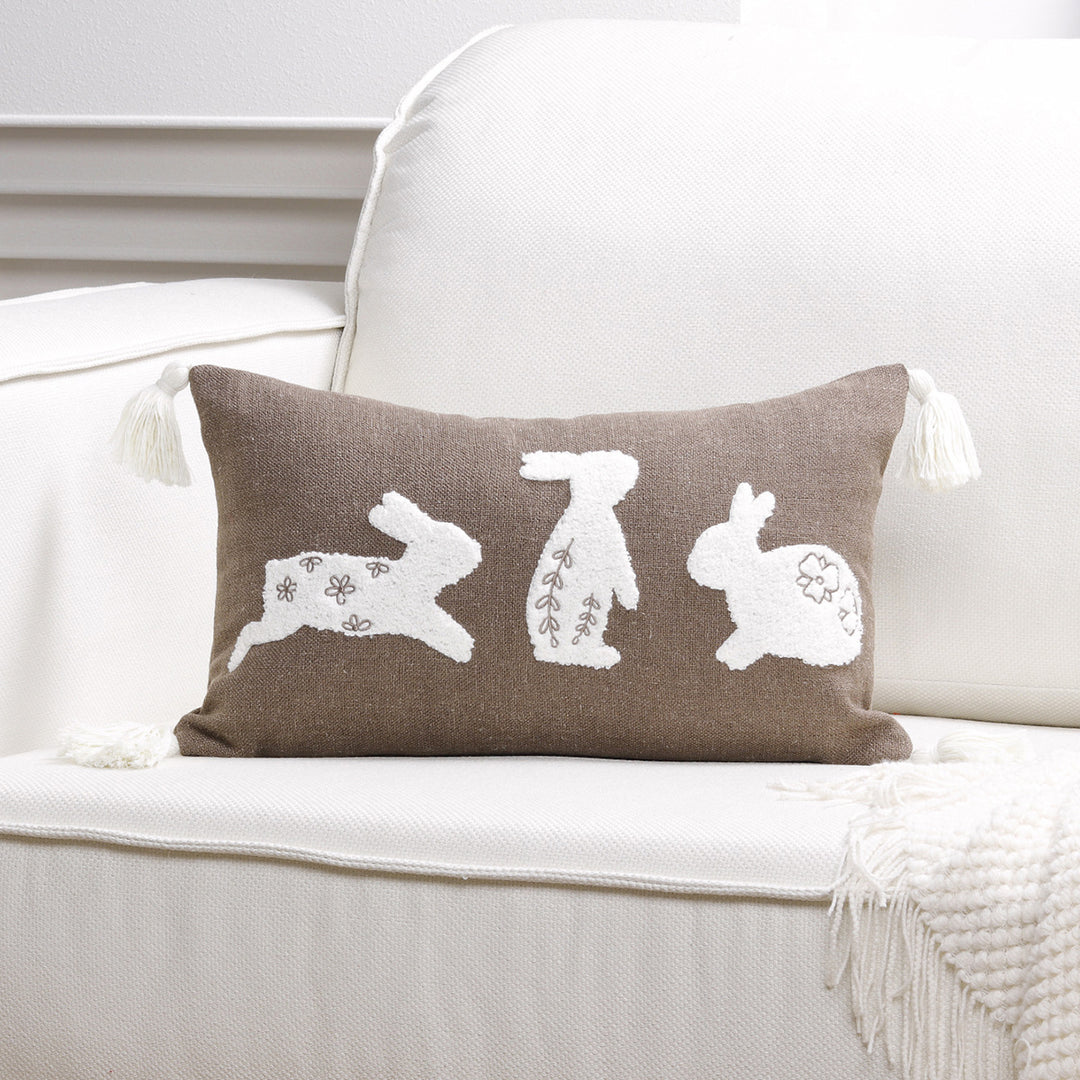 Embroidered Bunny Appliqué Tassel Lumbar Pillow Cover