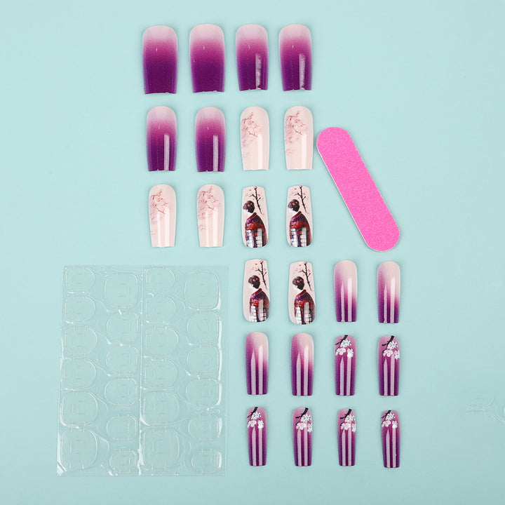 Elegant Artificial Nails Set with Ombre Design and Artistic Accents Stornfield