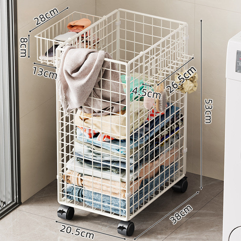 Tall Rolling Metal Laundry Basket with Vertical Slats and Swivel Casters