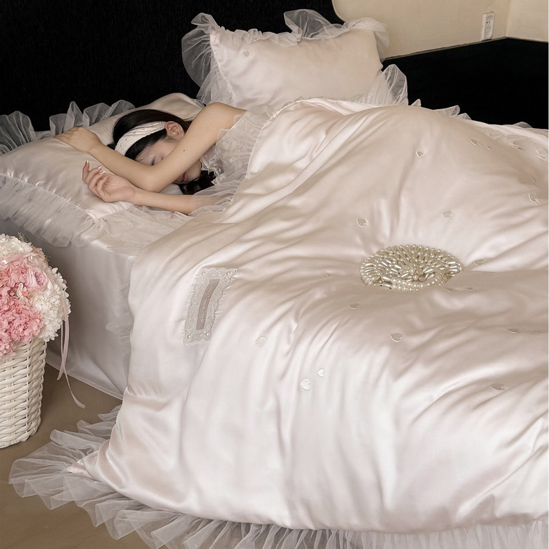Satin Duvet Cover Set with Tulle Ruffle Trim and Micro-Embroidered Heart Details