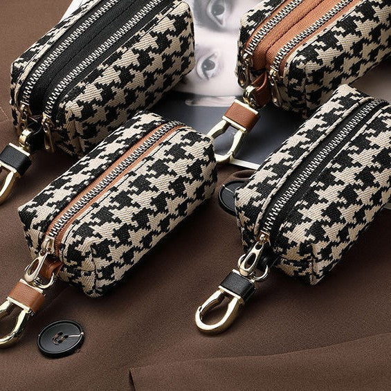 Double-Zippered Houndstooth Pattern Cosmetic Pouch Stornfield