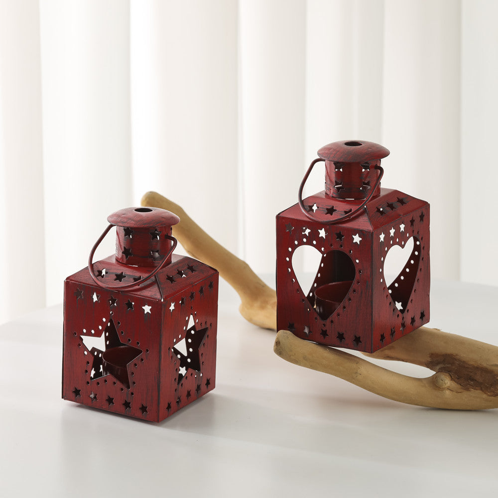 Distressed Shabby-Chic Square Tea Light Lantern with Christmas Tree Cutouts Stornfield