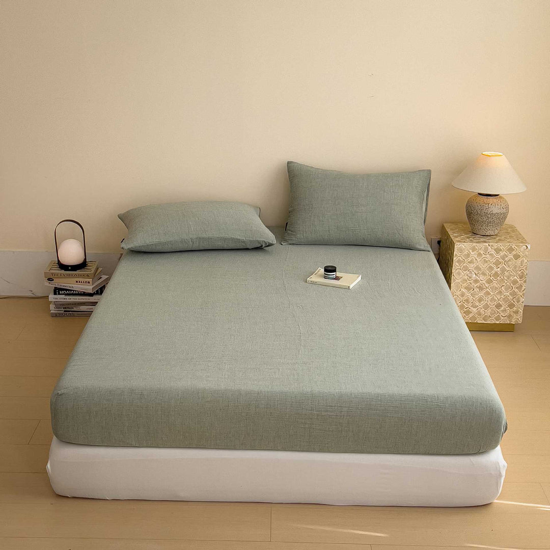 Stonewashed Linen-Blend Deep-Pocket Fitted Sheet Set with Matching Pillowcases
