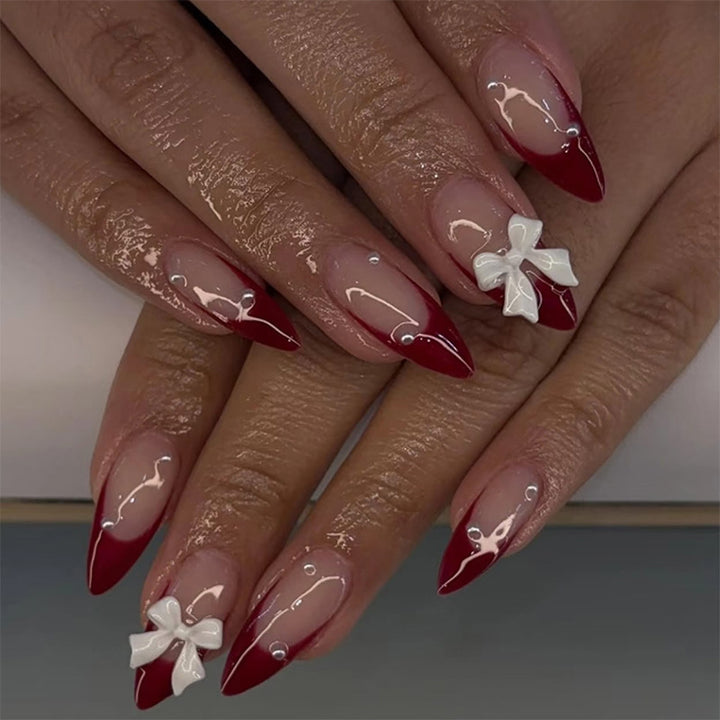 Decorative Press-On Nail Art Set with Elegant Ribbon Accents Stornfield