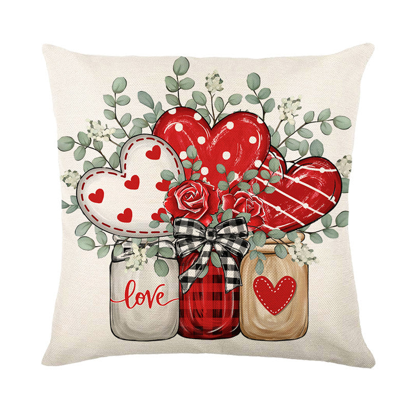 Square Cotton-Linen Decorative Throw Pillow Cover with Polka Dot Heart and Eucalyptus Wreath