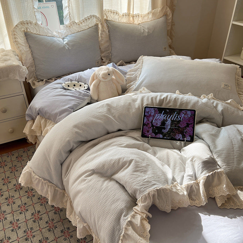 Ruffled Eyelet Lace Trim Gingham Cotton Duvet Cover Set