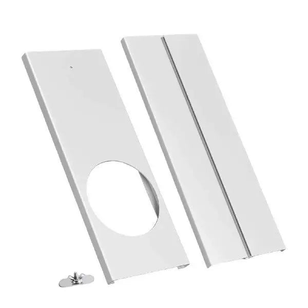 Unisex universal size portable air conditioner window ventilation plate adapter with circular exhaust cutout and adjustable sliding panel Stornfield