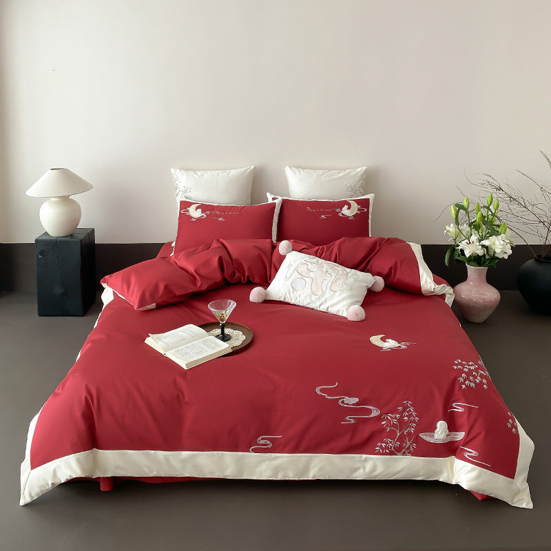 Luxury Cotton-Sateen Embroidered Duvet Cover Set with Satin Hem & Decorative Pillow Shams