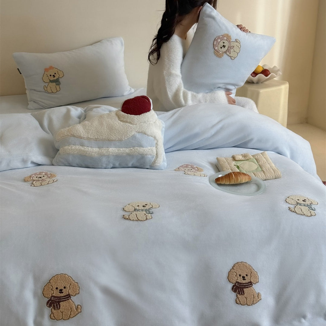 Cute Embroidered Puppy Cotton-Sateen Duvet Cover Set