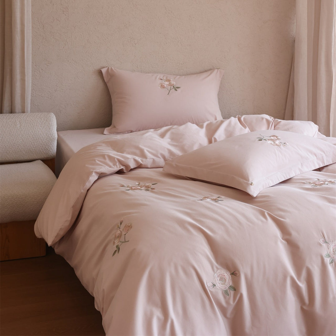 Embroidered Rose Cotton-Sateen Duvet Cover Set with Pillow Shams