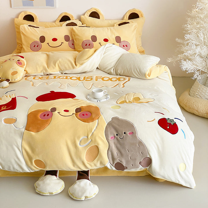 Cozy bedding set with embroidered cartoon cats and plush appliqués