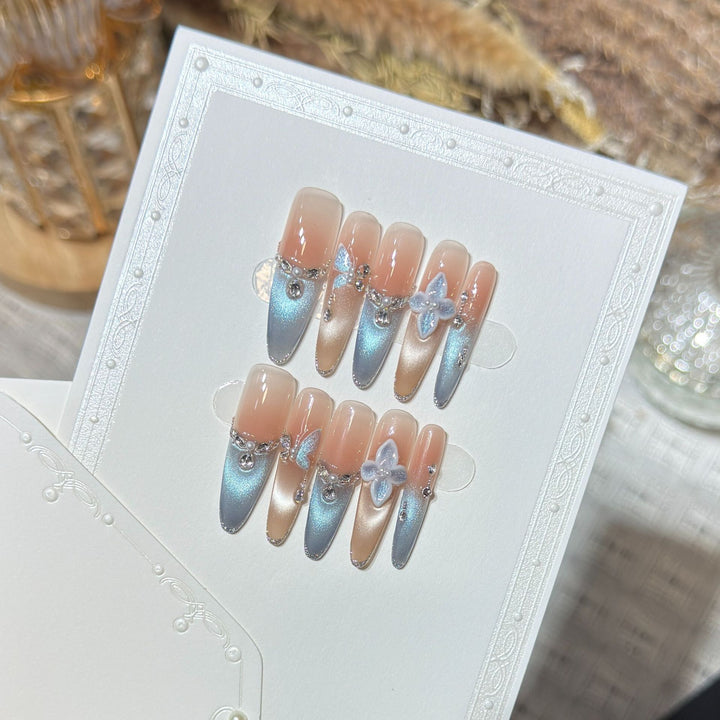 Artistic Press-On Nail Set with Floral and Gemstone Accents Stornfield