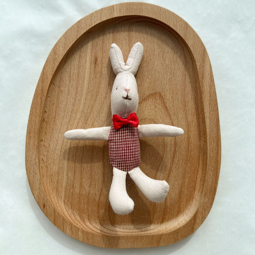 Miniature Linen Rabbit Comforter Plush with Gingham Pocket Dress and Ribbon Bow