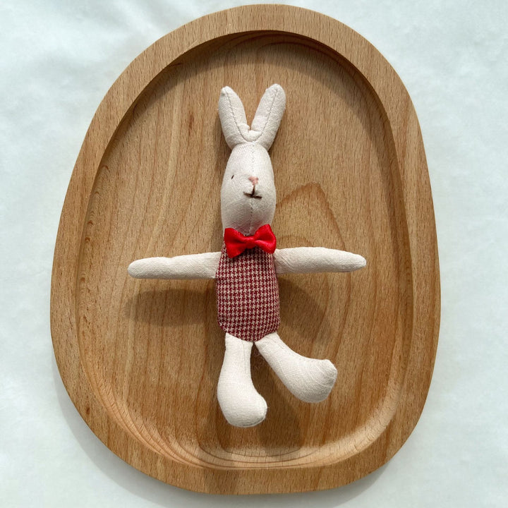 Miniature Linen Rabbit Comforter Plush with Gingham Pocket Dress and Ribbon Bow