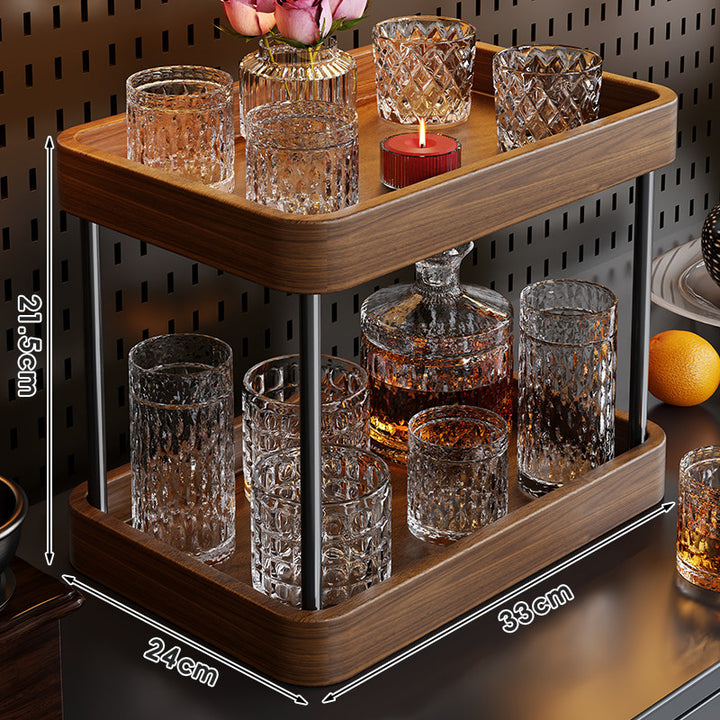 Double-Tier Wooden Cocktail Bar Serving Tray Organizer
