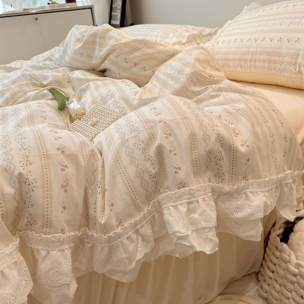 Ruffled Floral Lace-Trim Duvet Cover Set with Pillow Shams