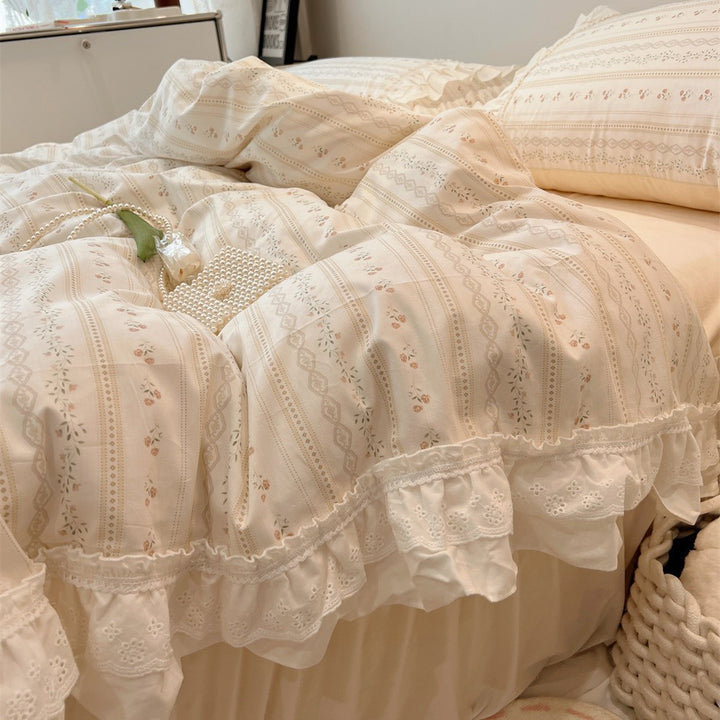 Ruffled Floral Lace-Trim Duvet Cover Set with Pillow Shams