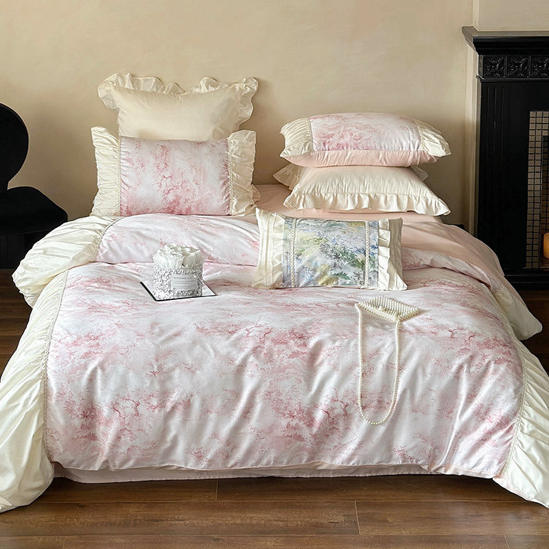 Luxurious satin bedding set with ruffles and watercolor floral pattern