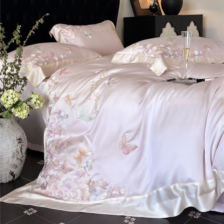 Silky Satin Embroidered Butterfly Duvet Cover & Pillow Sham Set