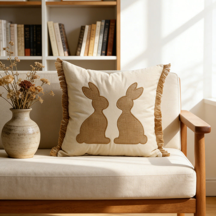 Tufted Bunny Appliqué Lumbar Throw Pillow Cover with Pom-Pom Tail