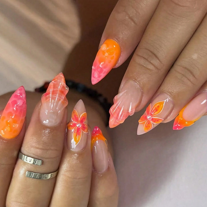 Acrylic Nail Set with Elegant Flower and Gradient Designs Stornfield