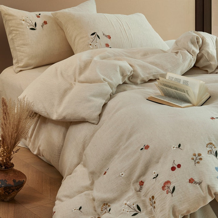 Breathable Washed Cotton Duvet Cover Set with Green Fruit Embroidery and Pillow Shams