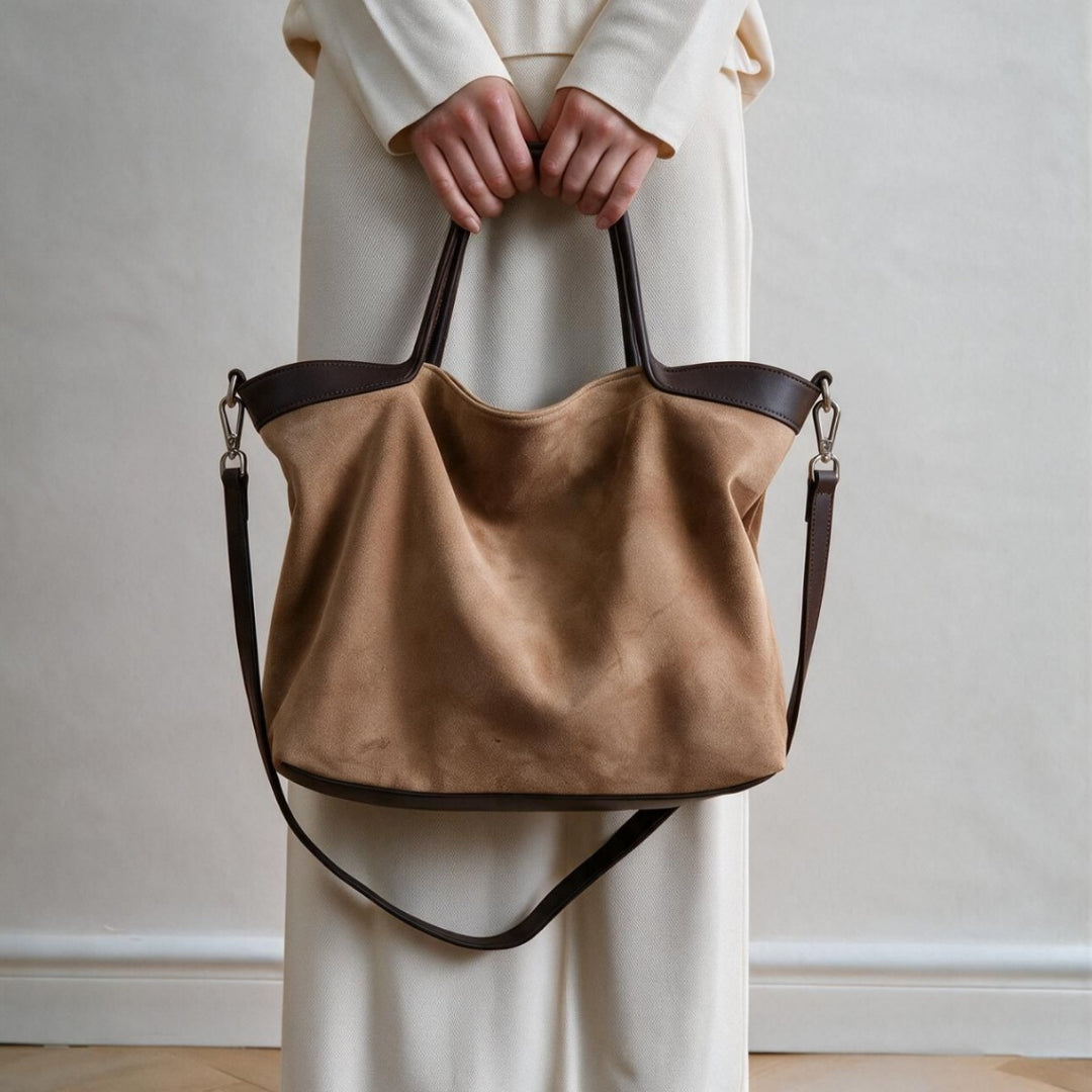Suede Slouch Shopper Tote with Contrast Leather Trim & Removable Crossbody Strap