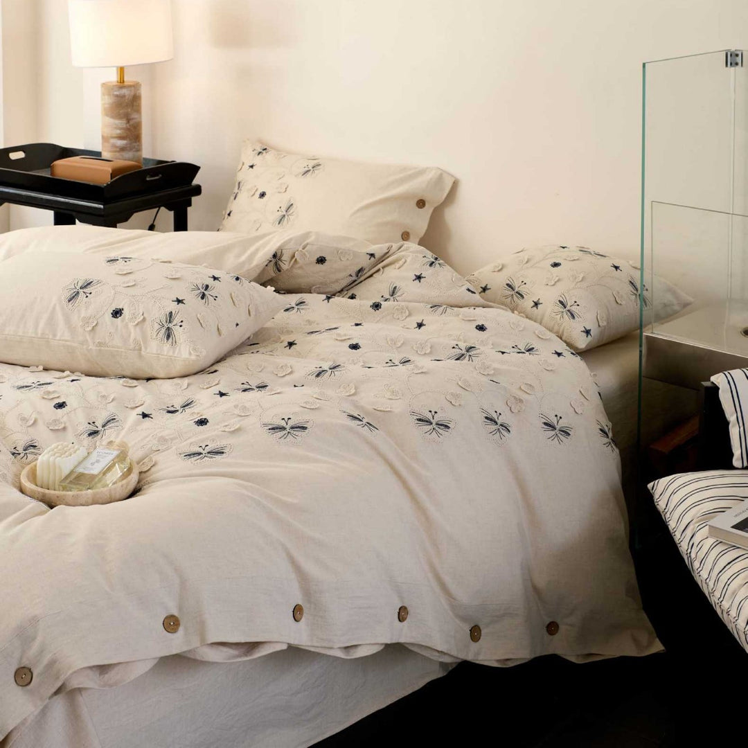 Embroidered Linen-Cotton Butterfly Duvet Cover Set with Button Closure and Decorative Pillowcases