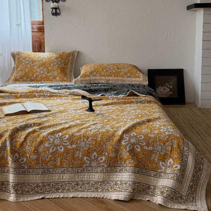 Handcrafted Floral Kantha-Style Cotton Quilt Bedspread with Matching Pillow Shams