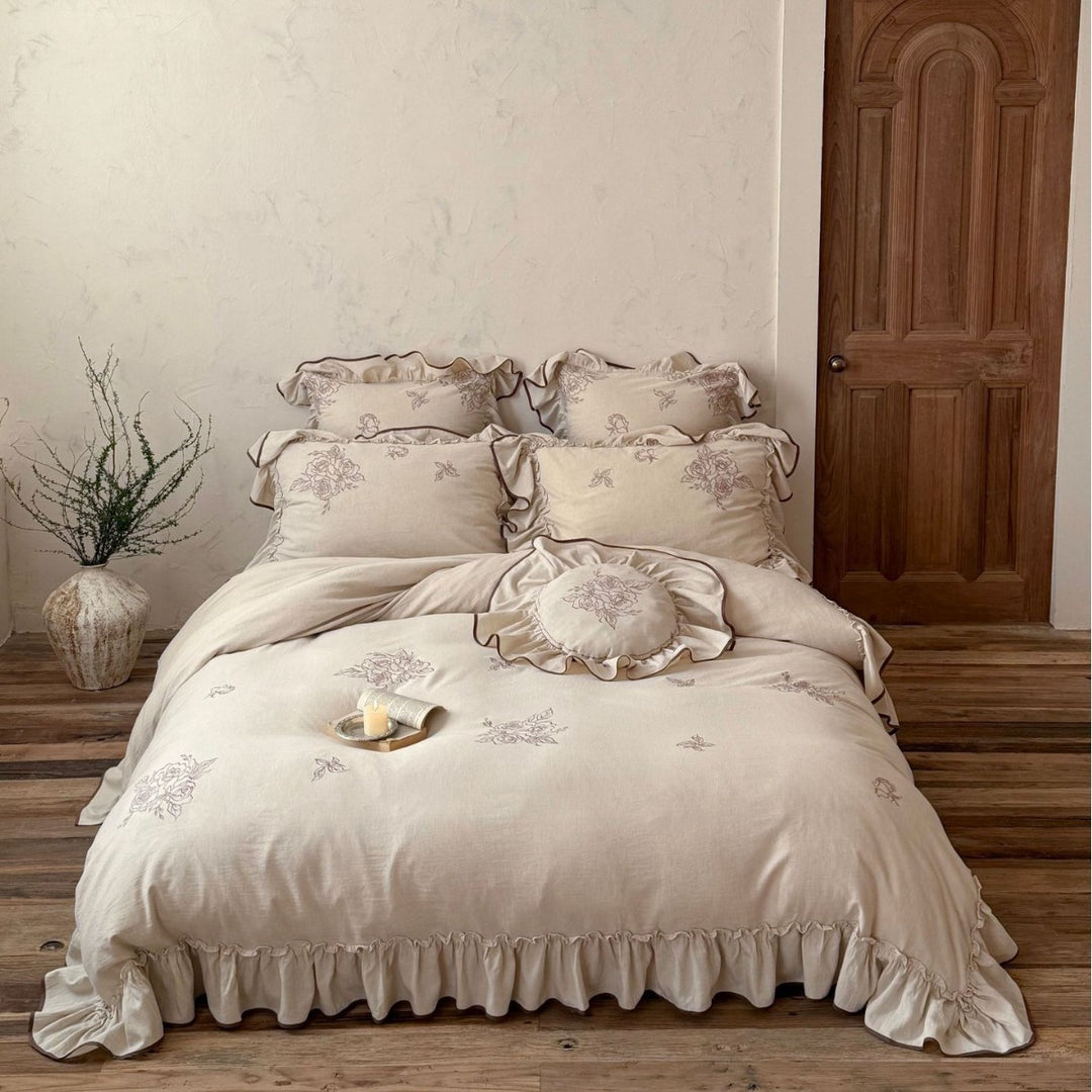 Embroidered Floral Ruffled Linen Duvet Cover Set