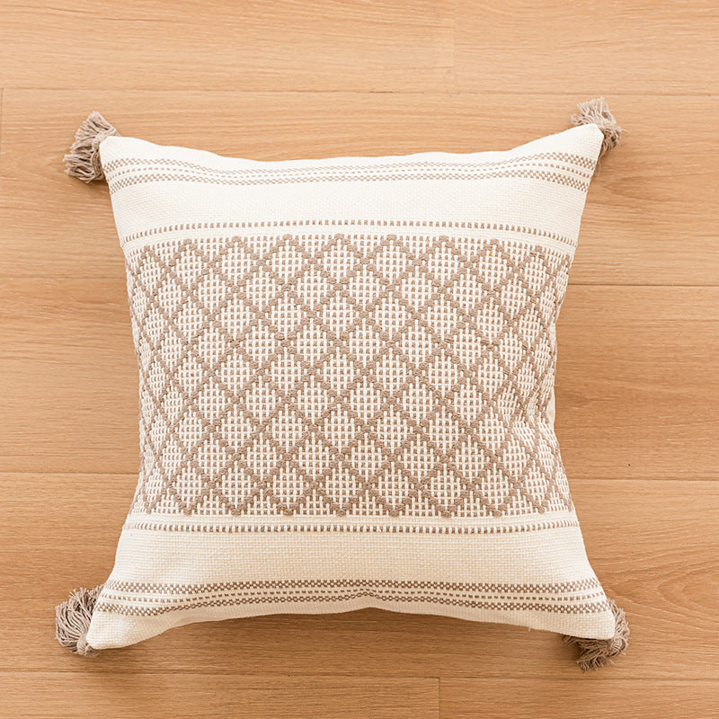 Decorative Boho Tufted Throw Pillow Cover with Tassels and Geometric Raised Loop Texture