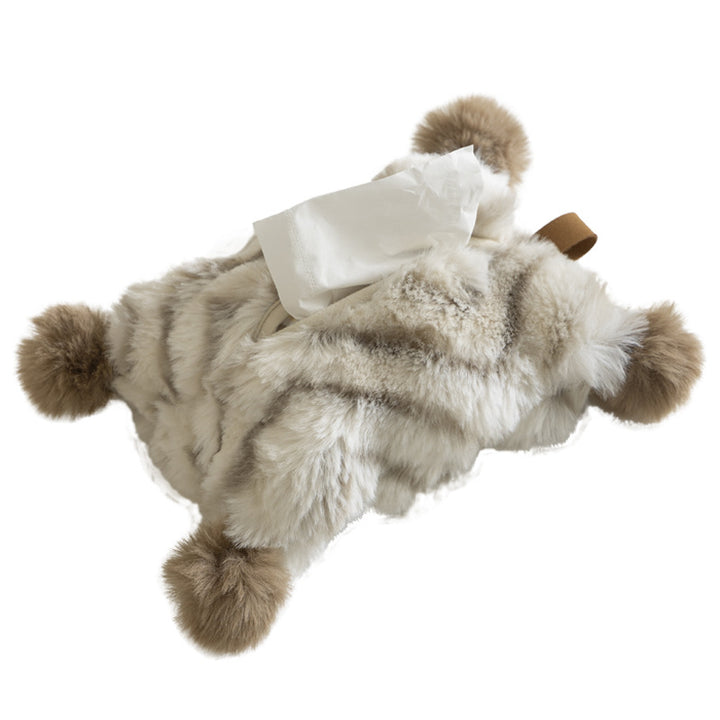 Decorative faux fur tissue box cover with pom poms and hanging handle Stornfield