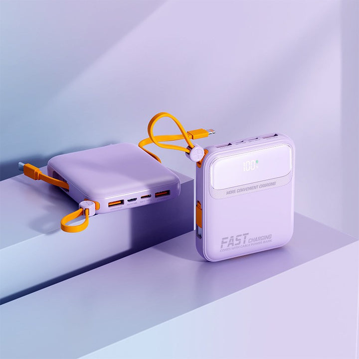 Compact power bank with integrated cable management and digital charge level display Stornfield