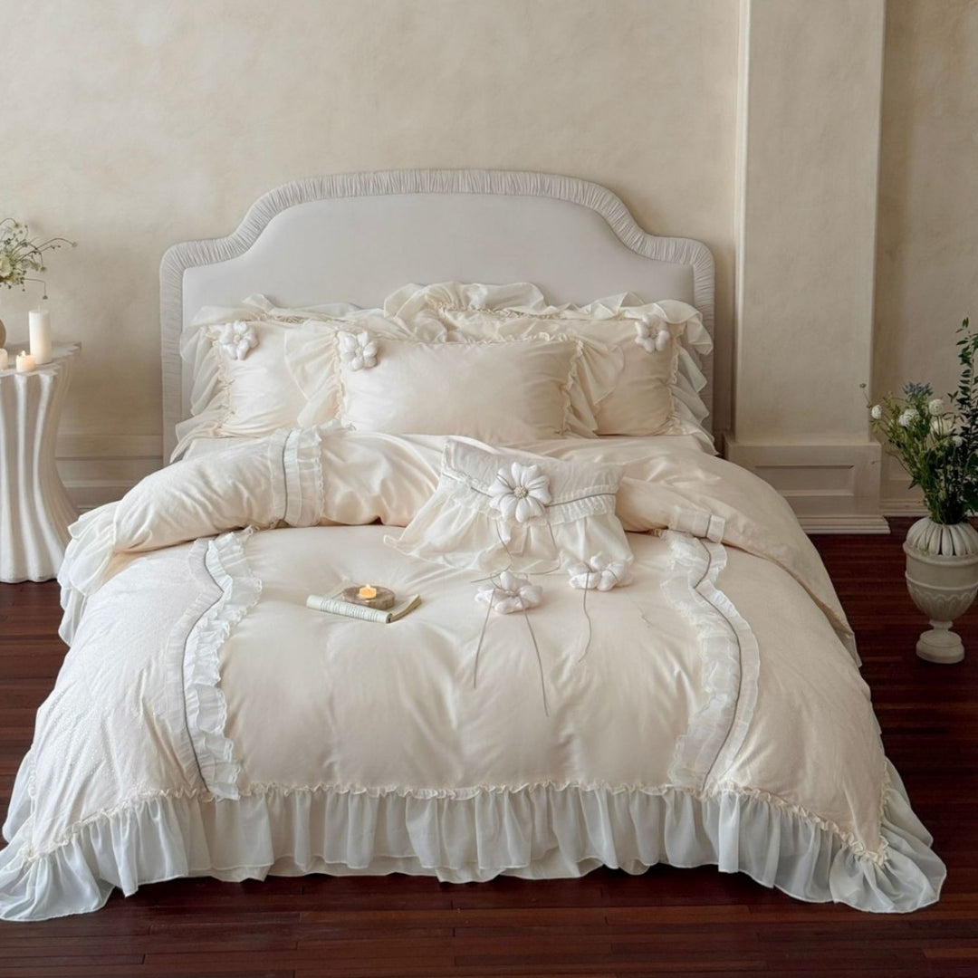 Romantic Ruffled Luxury Duvet Cover Set with Decorative Floral Appliqué Pillow