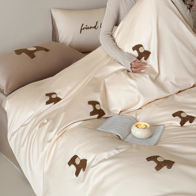 Embroidered Horse Appliqué Sateen Duvet Cover Set with Silky Microfiber Pillow Shams