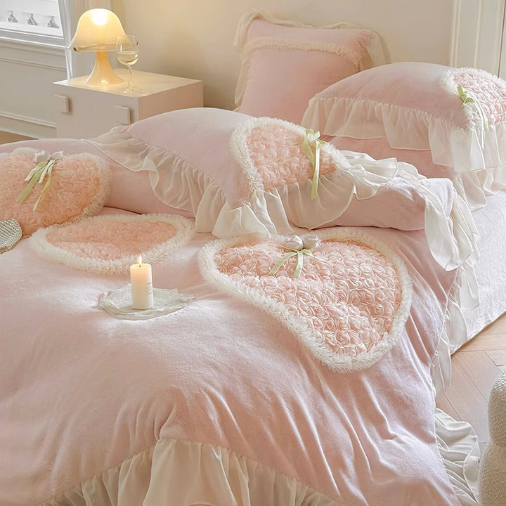 Romantic Heart Appliqué Ruffled Duvet Cover and Decorative Pillow Set