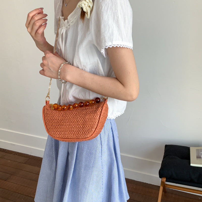 Stylish Woven Handbag with Beaded Handle Stornfield