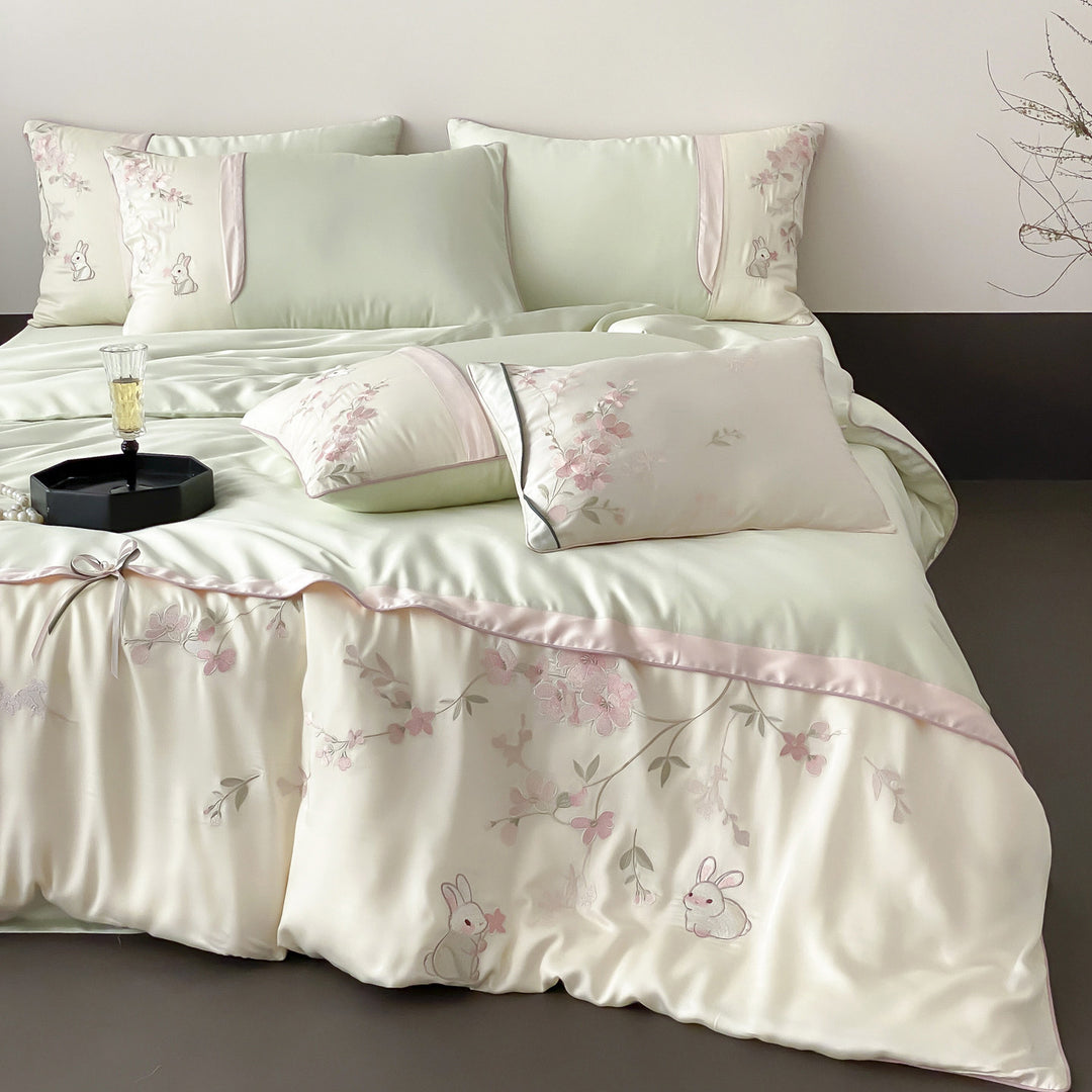 Luxe Satin-Feel Botanical Embroidered Duvet Cover Ensemble with Appliqué Bunnies & Ribbon-Tie Hem