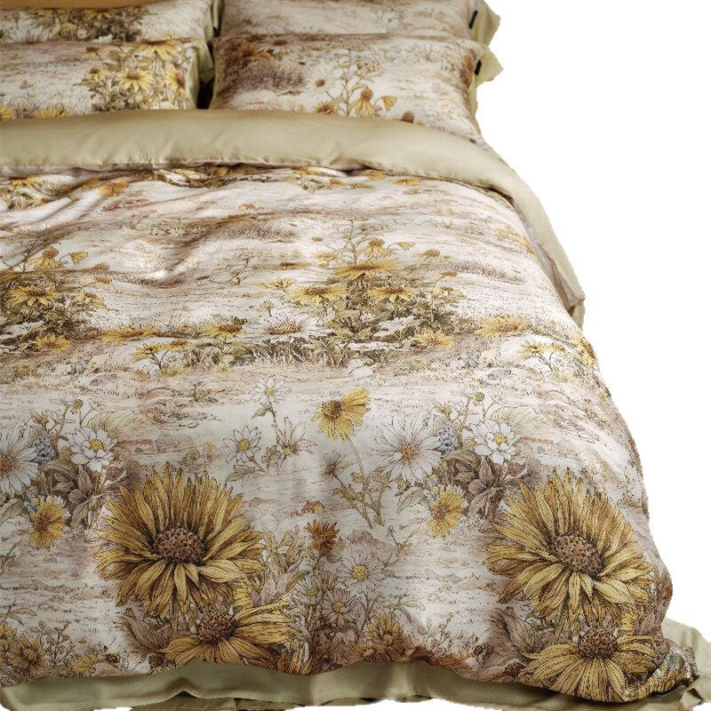 Botanical Lemon Cotton-Sateen Duvet Cover Set with Scalloped Hem