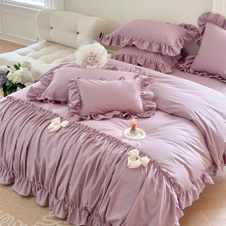 Ruffled Cotton Sateen Romantic Duvet Cover Ensemble with Gathered Skirt & Bow Accents