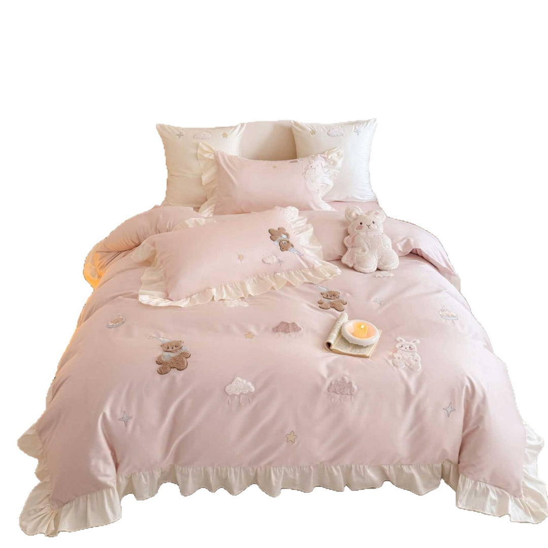 Ruffled Embroidered Teddy and Cloud Cotton Sateen Duvet Cover Set