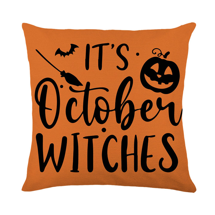 Halloween Decorative Cotton-Linen Throw Pillow Cover 'It's October Witches'