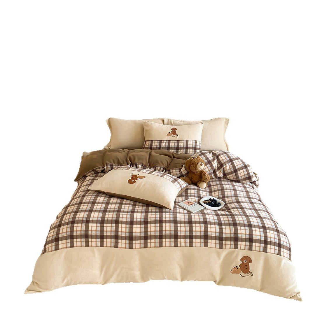 Embroidered Striped Cotton Flannel Duvet Cover Set with Pom-Pom Edge
