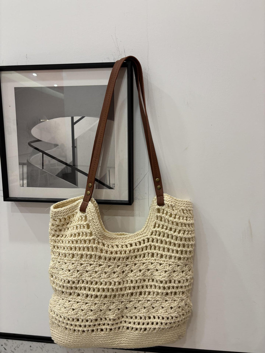 Hand-knotted shopper bag with integrated leather handle Stornfield