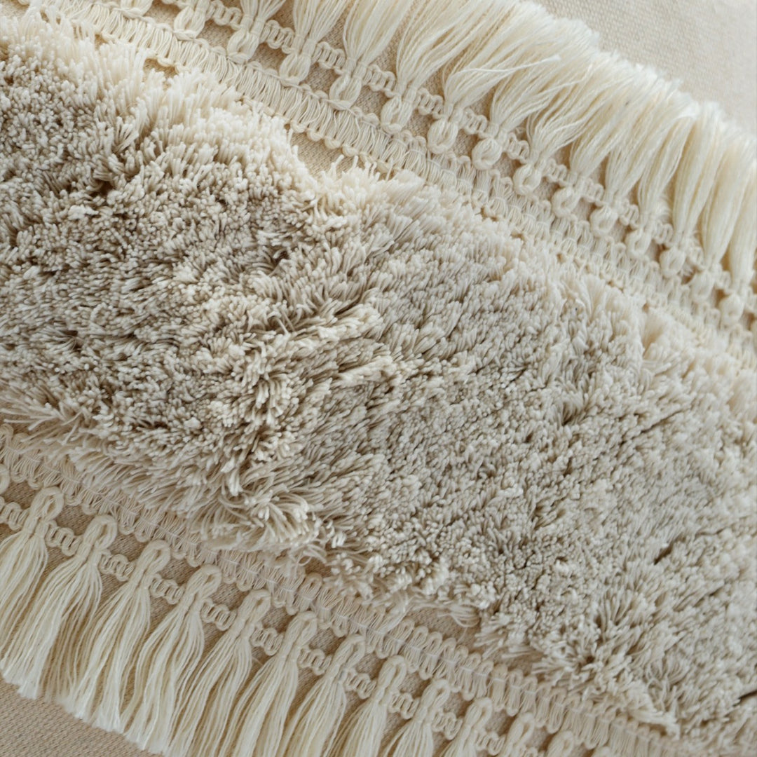 Square Boho cushion cover with diagonal teddy relief, fringes, and corner tassels Stornfield