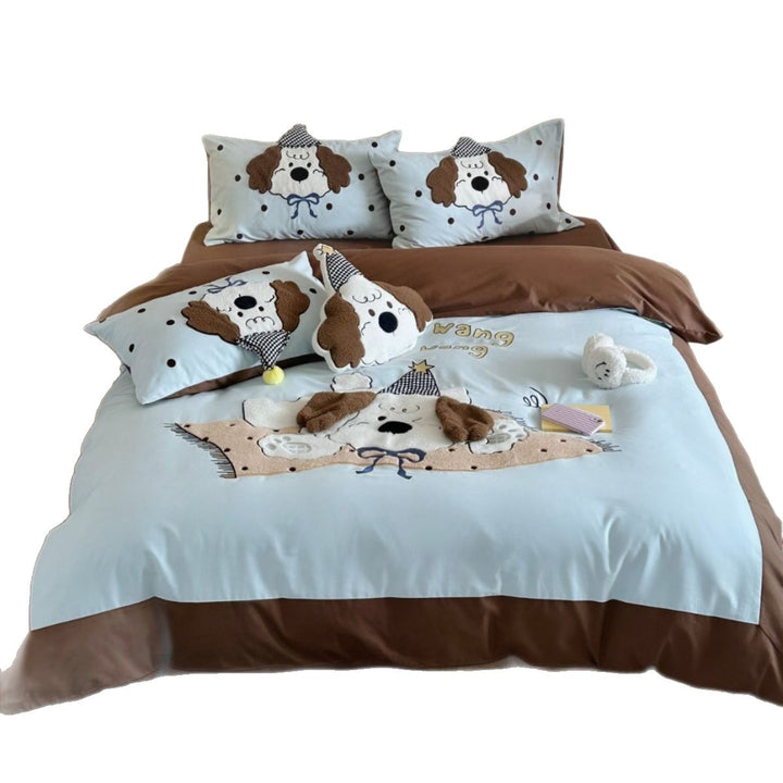 Cartoon Appliqué Plush Dog Reversible Duvet Cover Set with Decorative Pillowcases