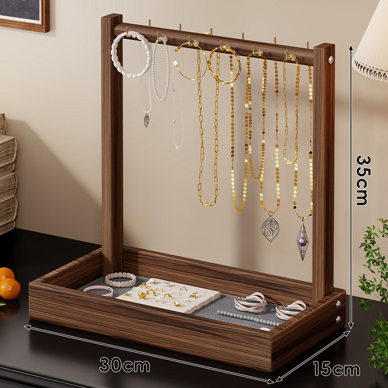 Wooden Jewelry Display and Tray Organizer with Hanging Bar and Ring Slots