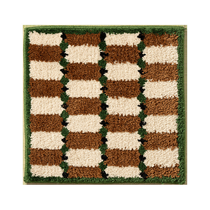 Square high-pile bath mat with textured block stripe look and contrasting edging